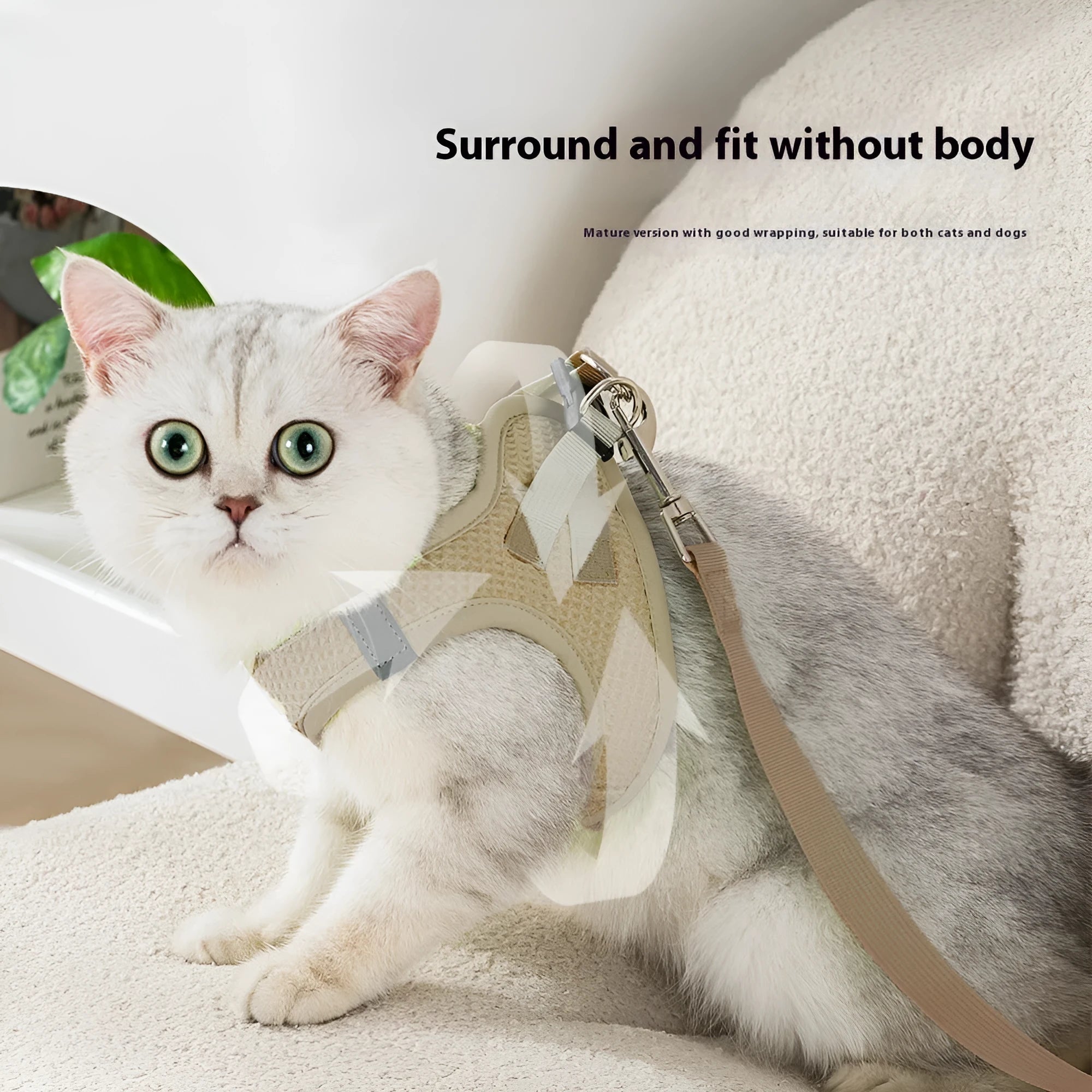 Brown waffle pattern cloth cat harness with a built-in pulling rope chest strap, shown on a size label.