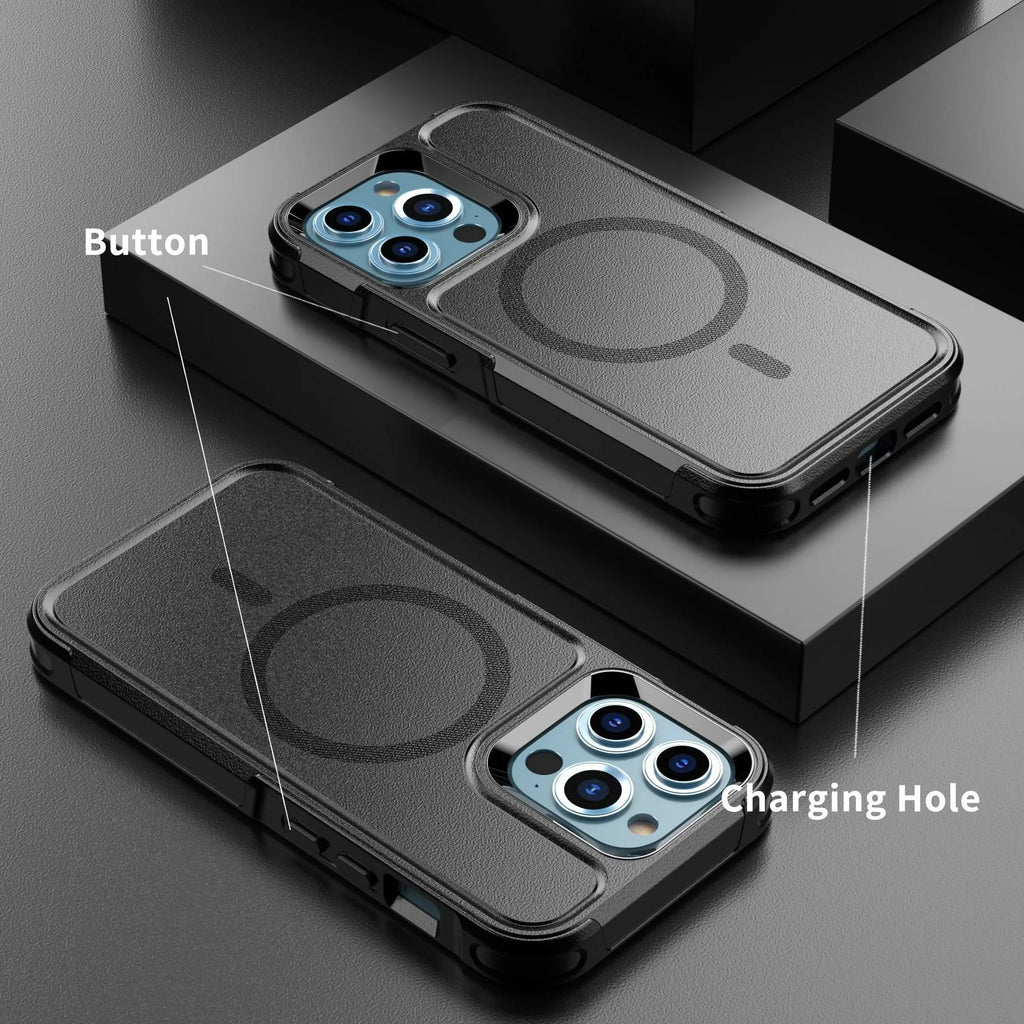 Shatterproof magnetic phone case for iPhone 12 13 series – black PC TPU back cover