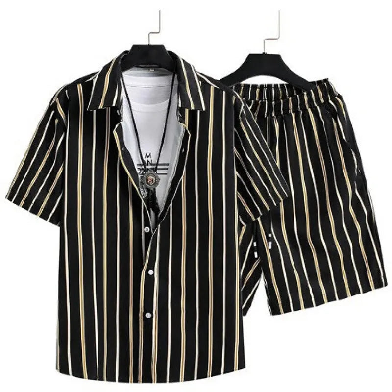 Men's digital print short sleeve cardigan suit with matching shorts in polyester fabric