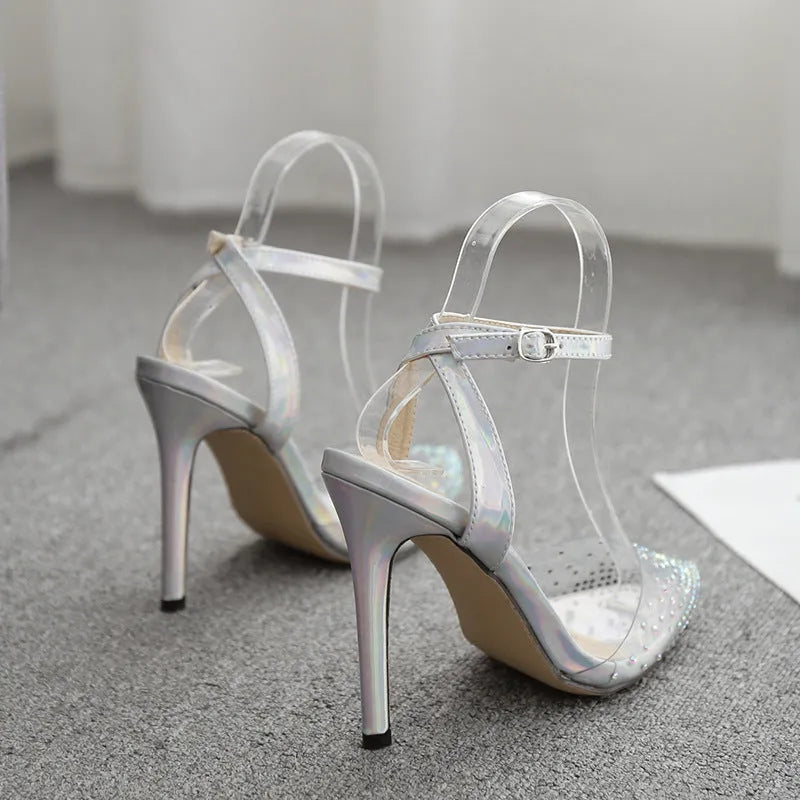 Women's pointed toe stiletto sandals with diamond decorations on PVC upper