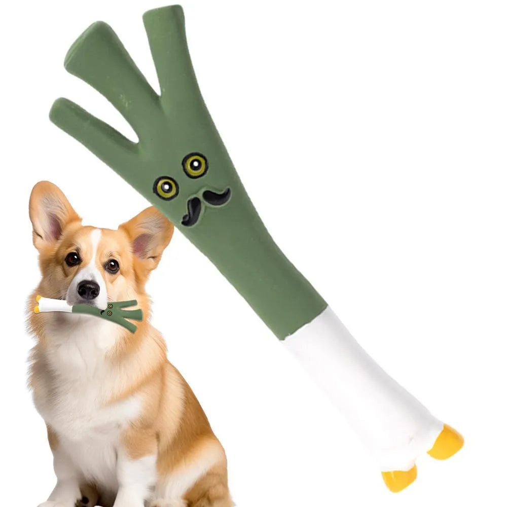 Green cartoon onion-shaped latex dog chew toy on white background