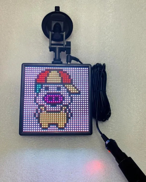 Aluminium-framed Bluetooth LED car display screen showing a colourful animated graphic.