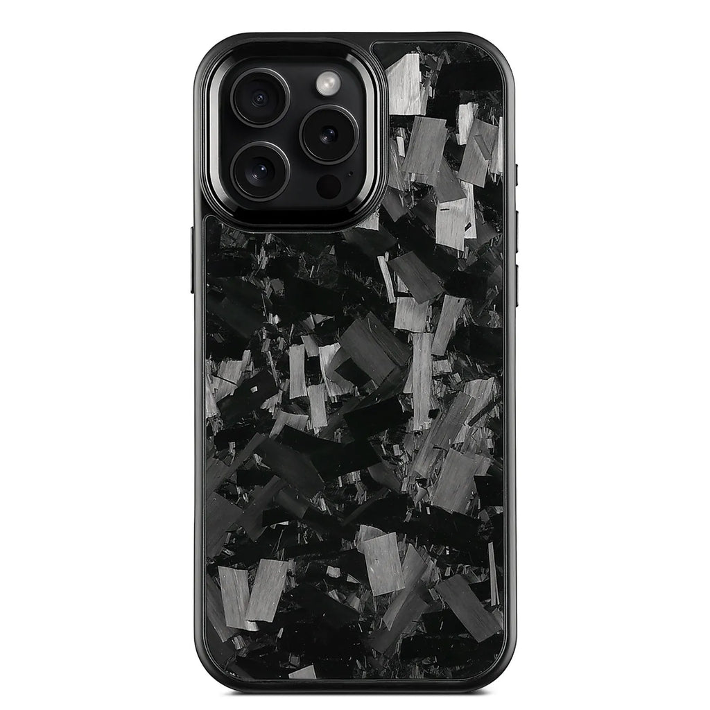 Black carbon fibre mobile phone case with a metal frame and magnetic feature for iPhone 17 models.