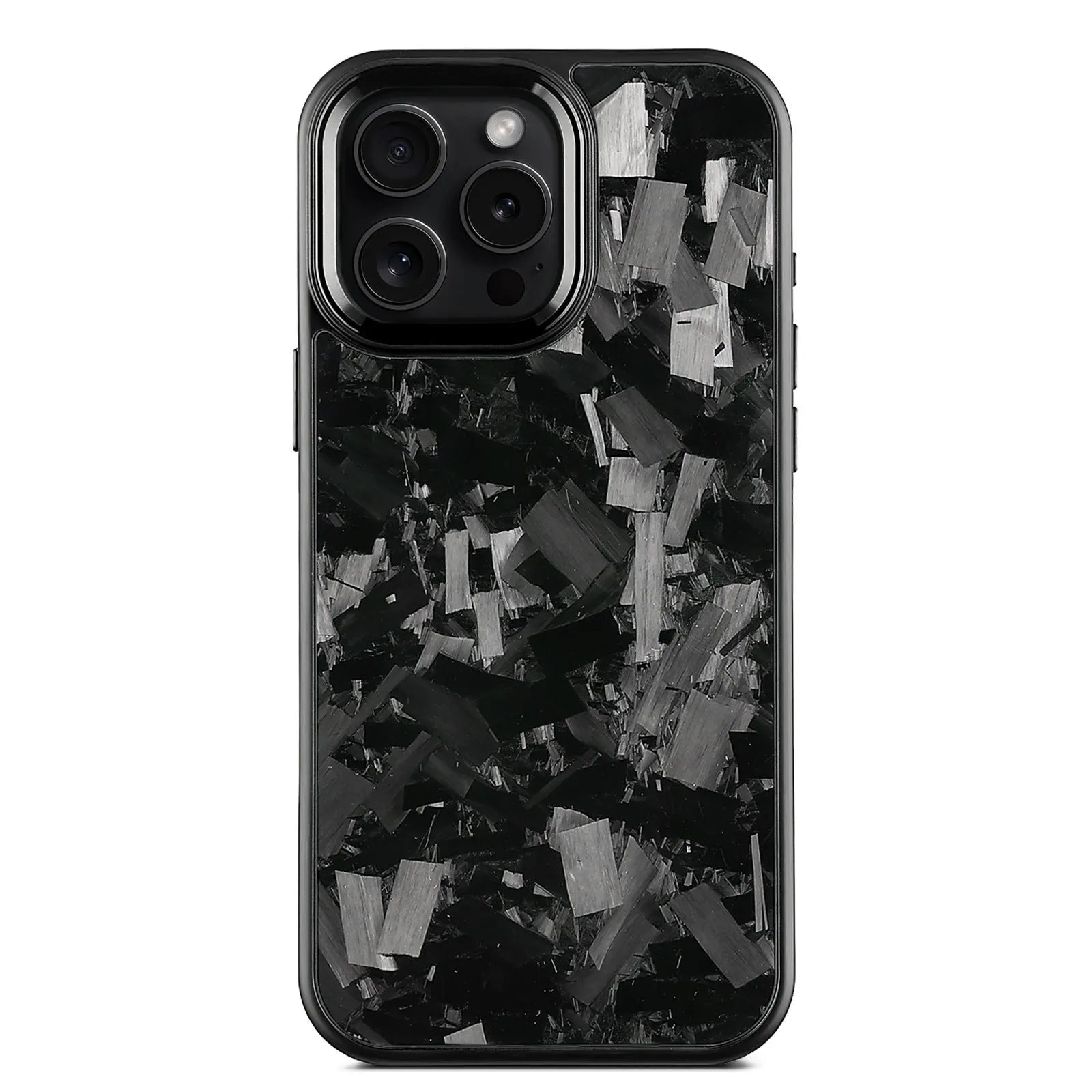 Black carbon fibre mobile phone case with a metal frame and magnetic feature for iPhone 17 models.