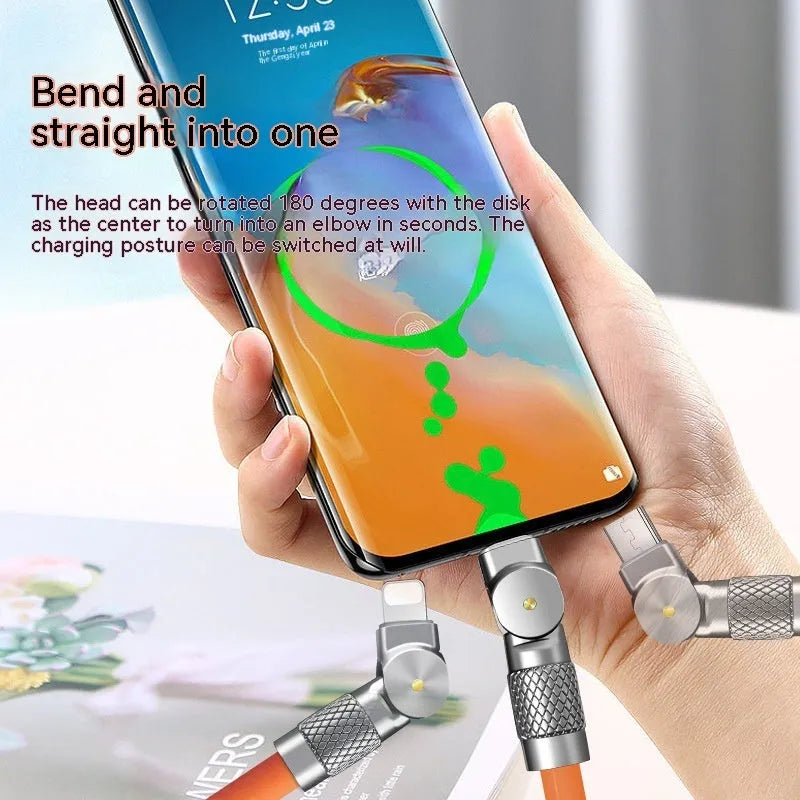 Zinc alloy rotating three-in-one data cable with light for Mini USB Lightning and TYPE-C, orange red colour