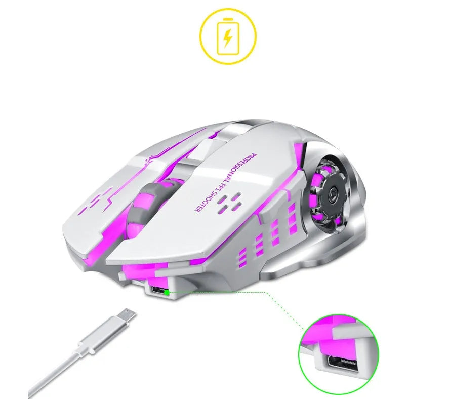 Black and white wireless mouse with USB charging cable and six buttons