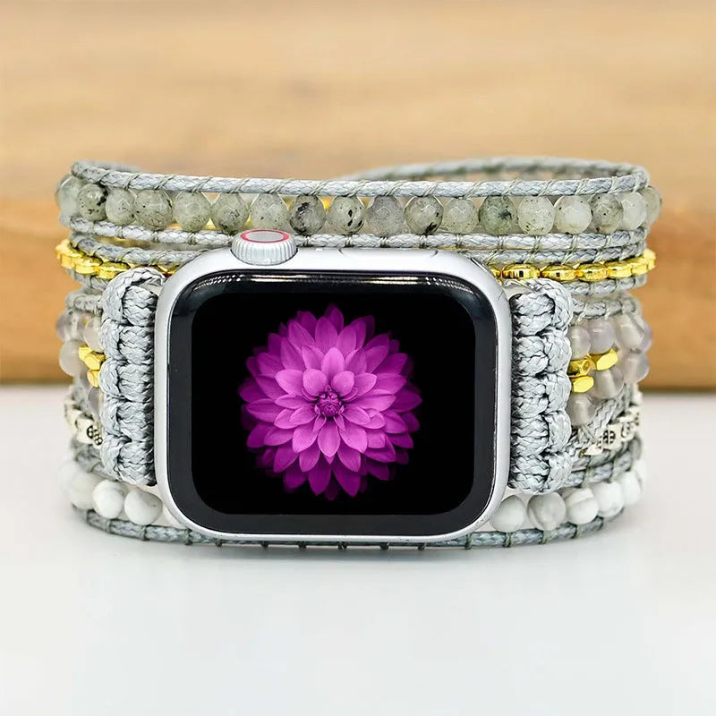 Natural stone beaded crystal watch band in bohemian style with multiple size options for 5.5 to 8.1 inch wrists