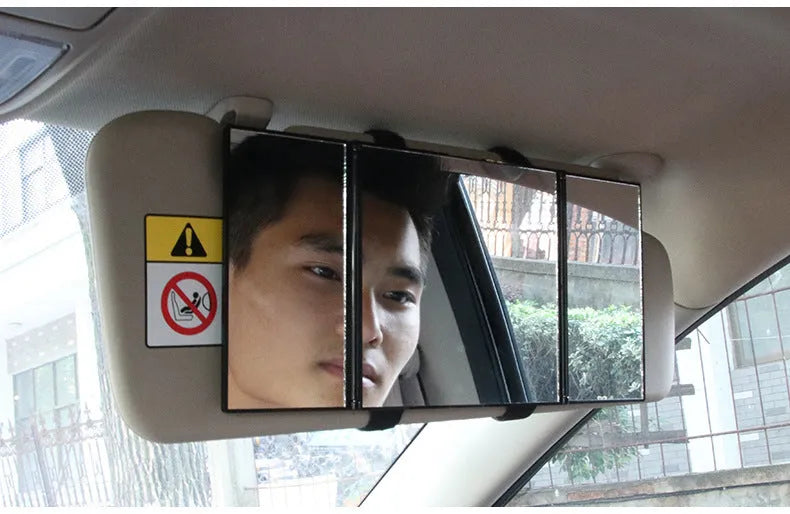 Silver car folding makeup mirror open showing 30.5cm width with ABS frame and glass surface