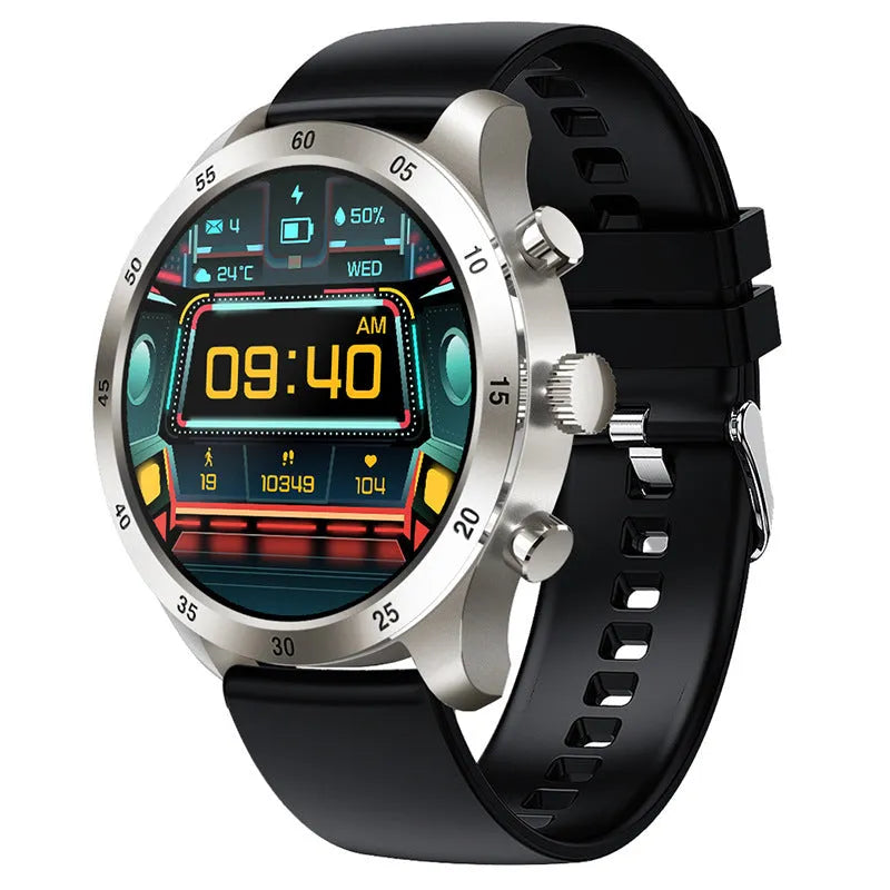 Black steel Bluetooth smart watch on wrist showing call interface
