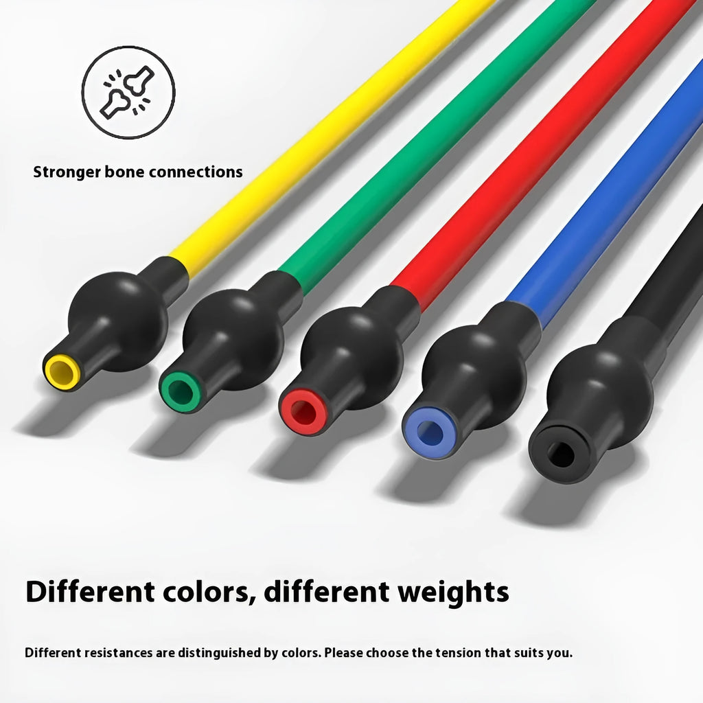 Adjustable chest expander exercise equipment with five colour-coded resistance bands from yellow to black