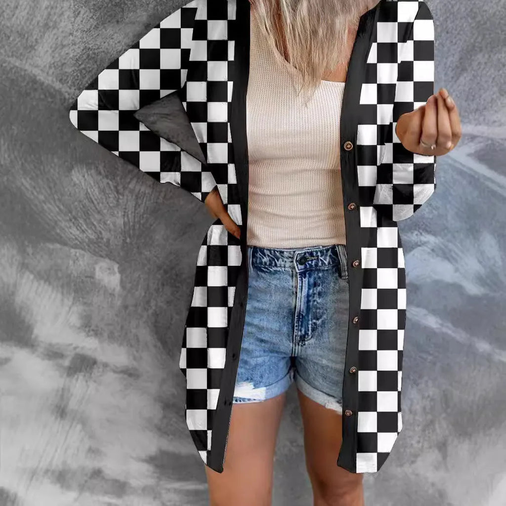 Long grey plaid pattern cardigan coat on a model, showing loose knit and regular sleeves.