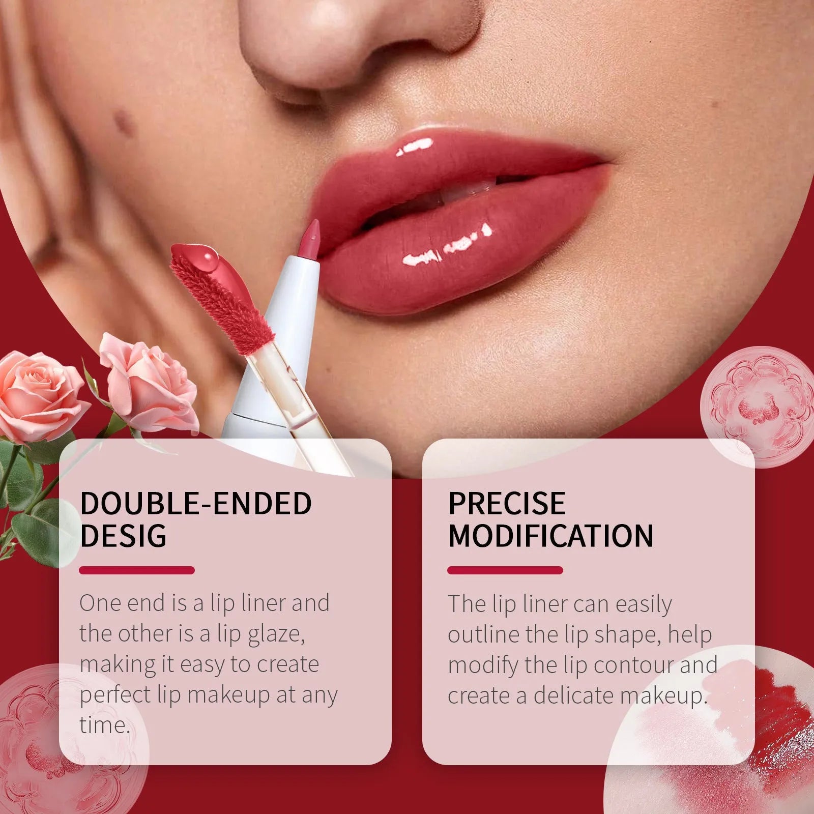 Double-headed lip liner and lip lacquer pen with two applicators in one makeup product