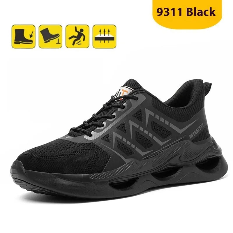 Steel toe cap labour protection shoes flat knit black low top front lace-up safety footwear pairs