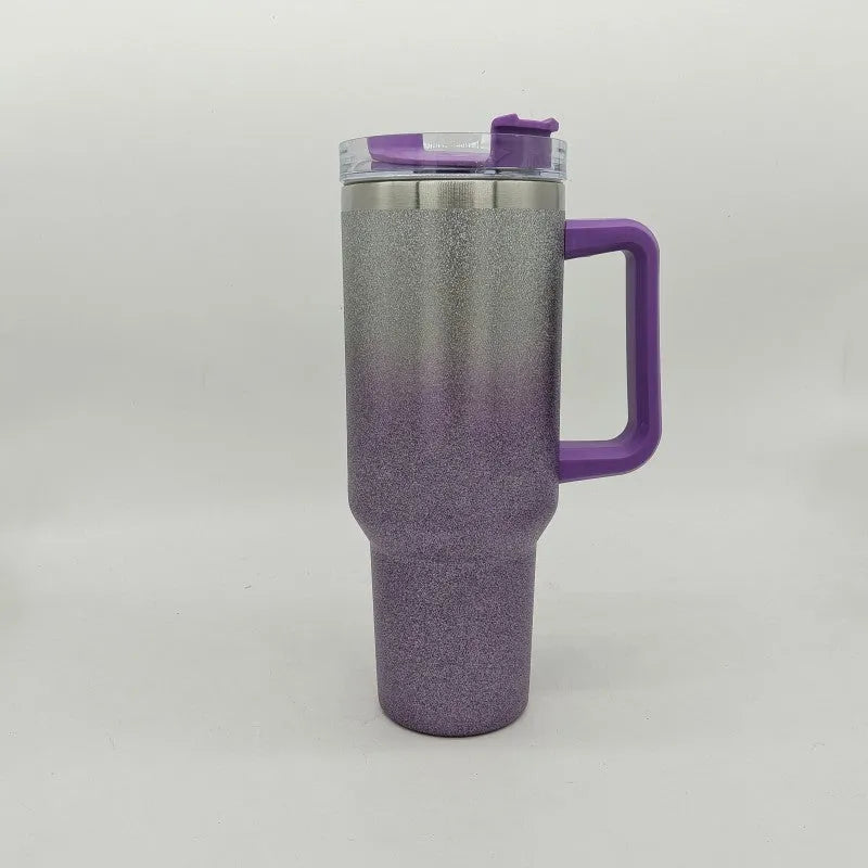 Large stainless steel vacuum insulation cup with gradient colours showing 750ml capacity and double-layer construction