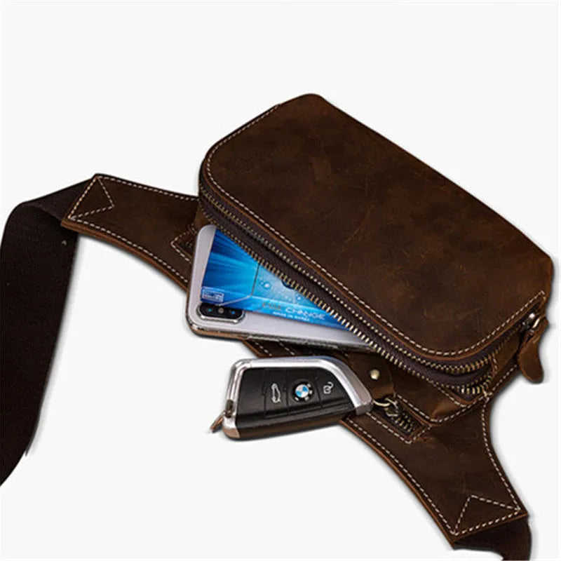 Brown top layer cow leather men's sports waist bag with a zip closure.