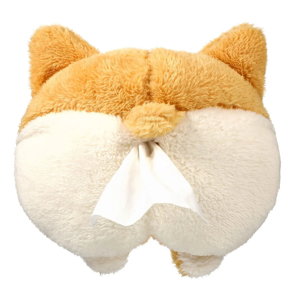 Yellow corgi butt-shaped soft tissue box cover with elastic strap for car sun visor.