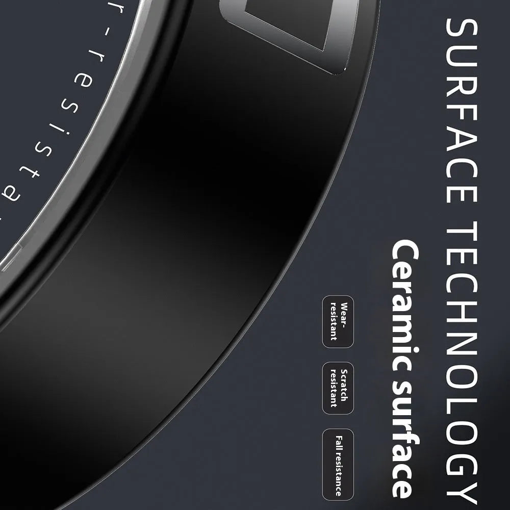 Black ceramic smart ring for health monitoring on a finger next to its charging case.