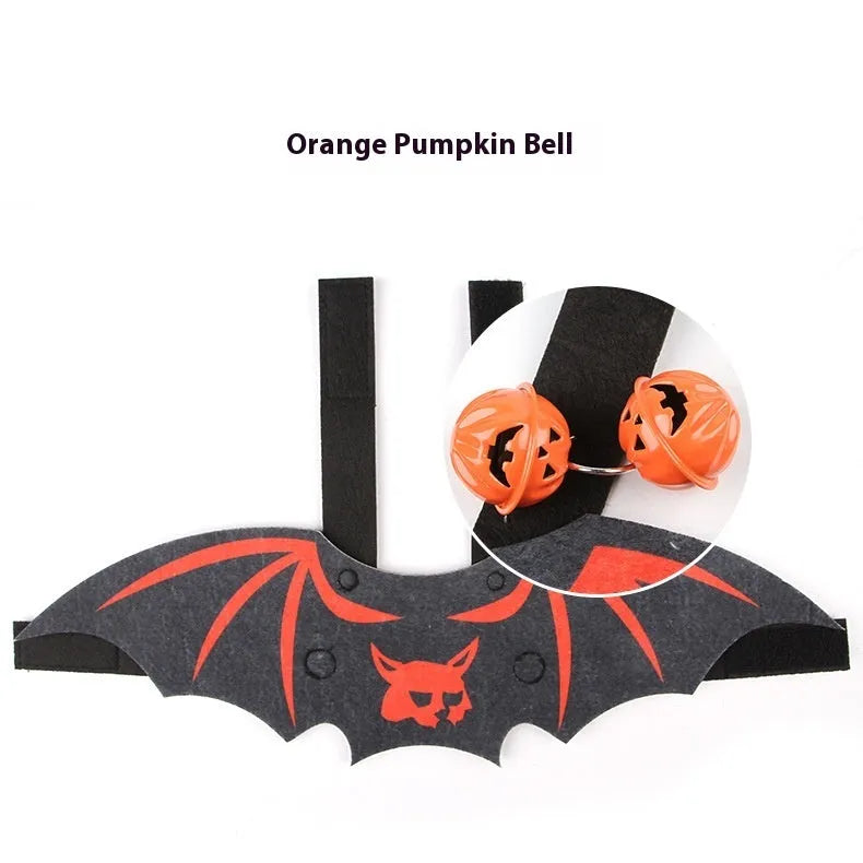 Halloween felt batwing costume for cats in pumpkin, white ghost, or red bat designs with bell option