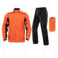Motorcycle rain suit set comprising a raincoat, rainpants, hidden shoe covers, and a storage bag laid out flat.