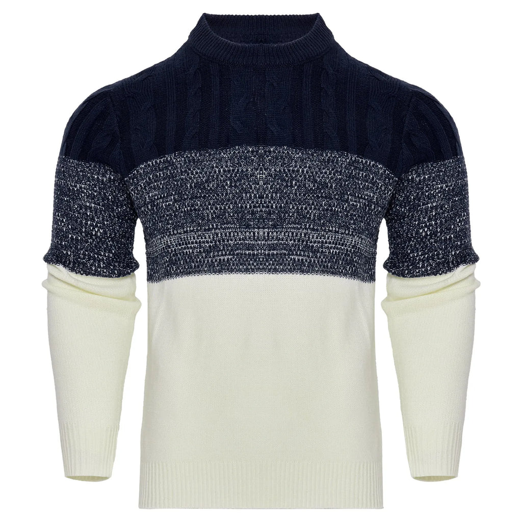 Men's casual colour block long sleeve cable knit pullover sweater in blue, with crew neck and ribbed cuffs