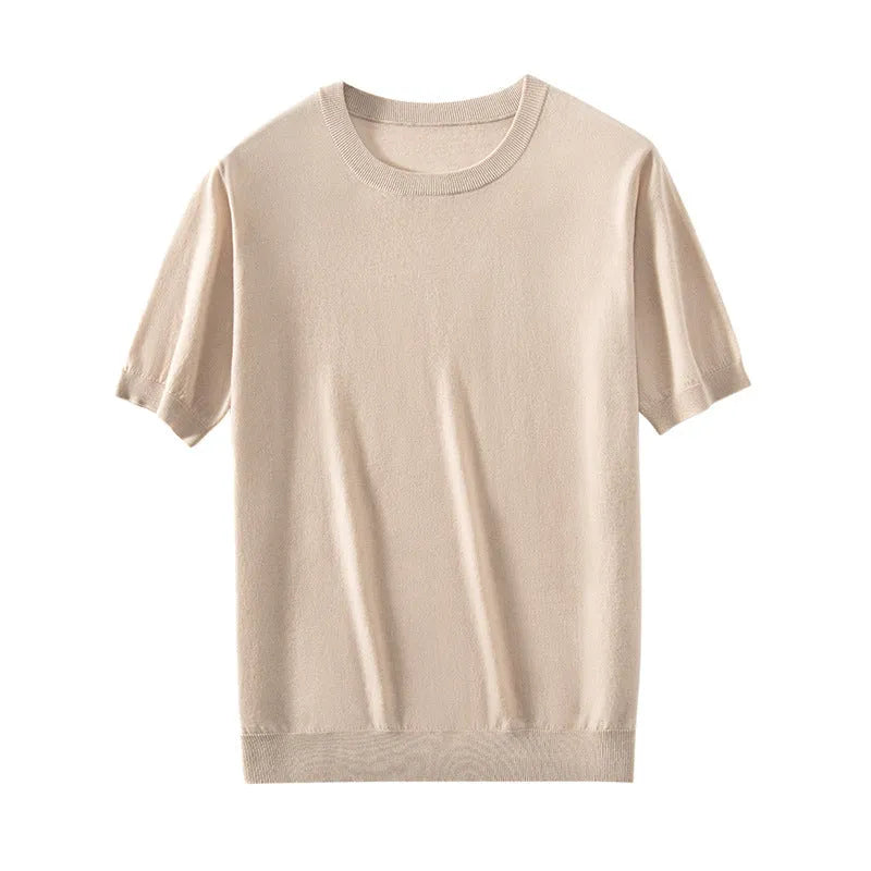 Men's knitted thin short sleeve round neck loose casual bottoming shirt in 8 colours, wool, sizes S-XXXL