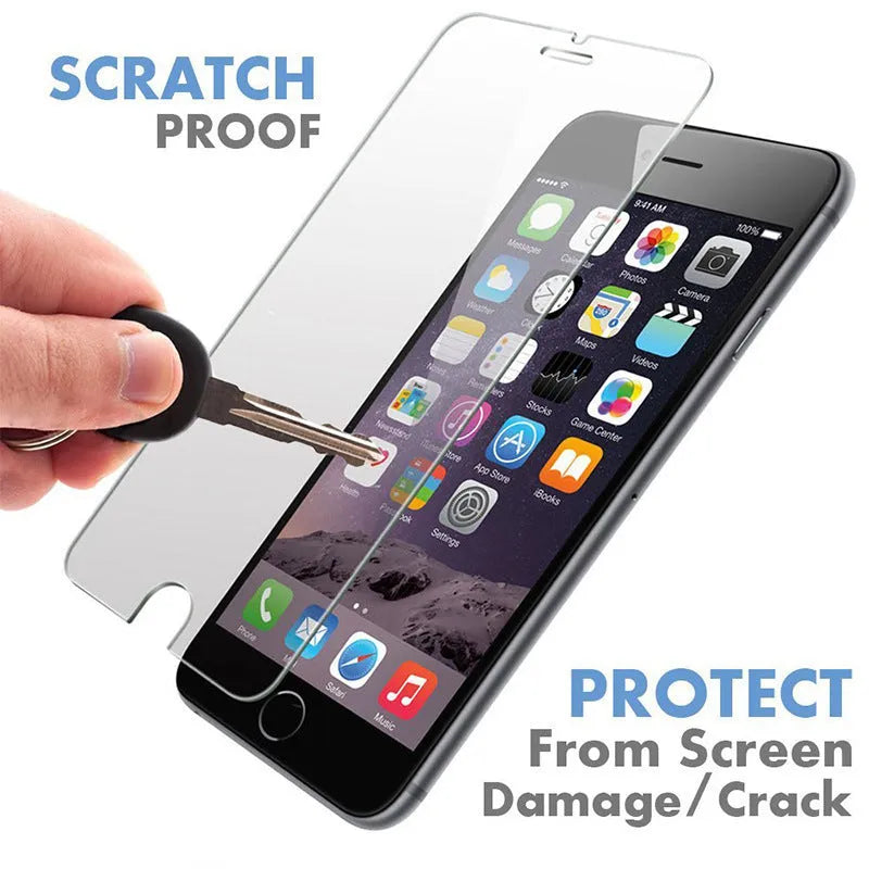 Tempered glass screen protector for iPhone with anti-fingerprint coating next to an iPhone 12.