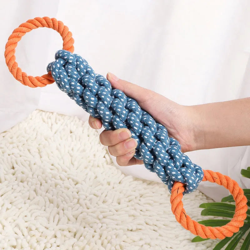 Blue braided cotton double-ring dog teething toy on white background