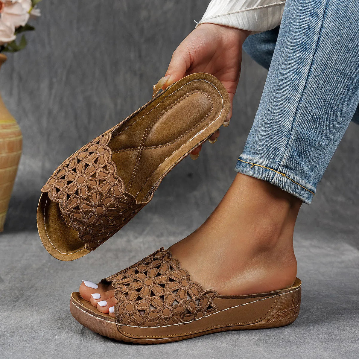 Women's flower cutout wedge beach slippers with PVC upper and fish mouth toe in light brown