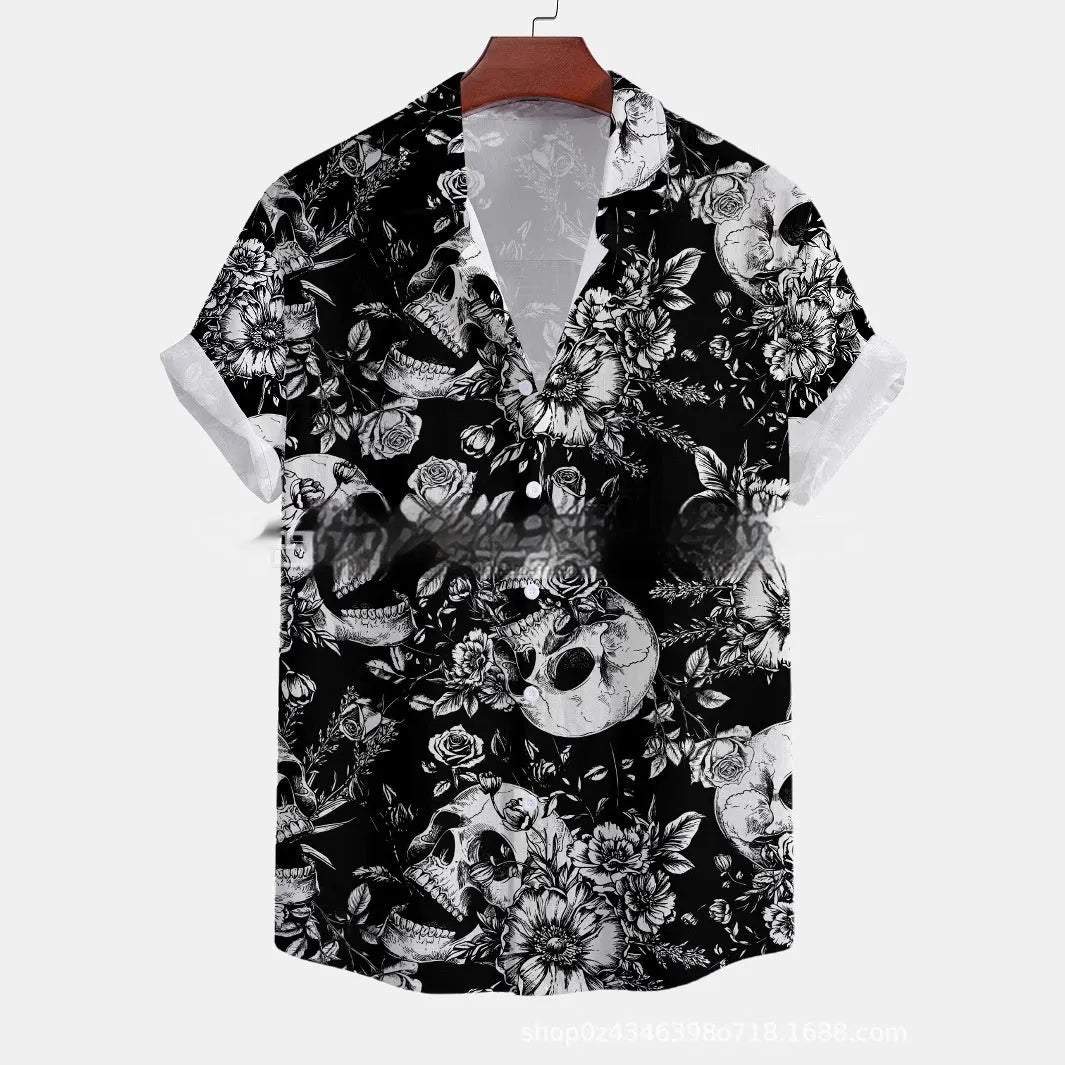 Men's casual short-sleeved loose cardigan shirt with flower print in polyester fabric, available in multiple summer colours