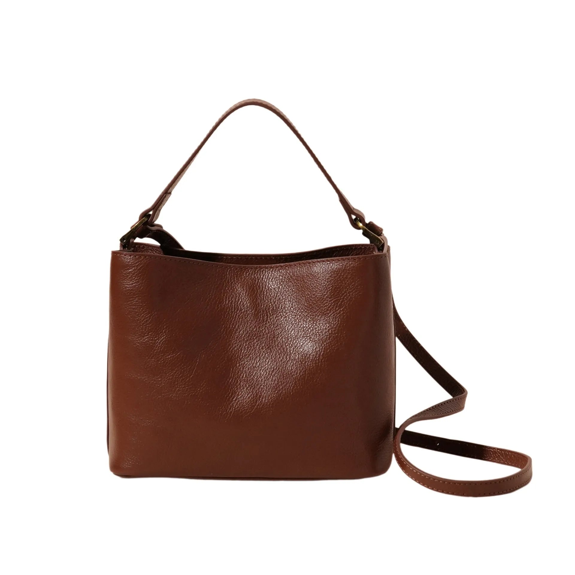 Sugar brown genuine leather women's shoulder handbag with sewing thread detailing on a white background