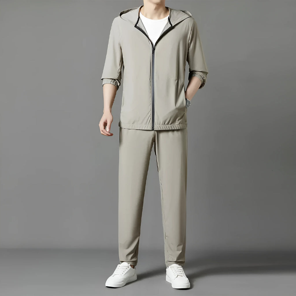 Korean sun-protective hooded suit in blue, loose casual style for youth, with top stitching slit pockets