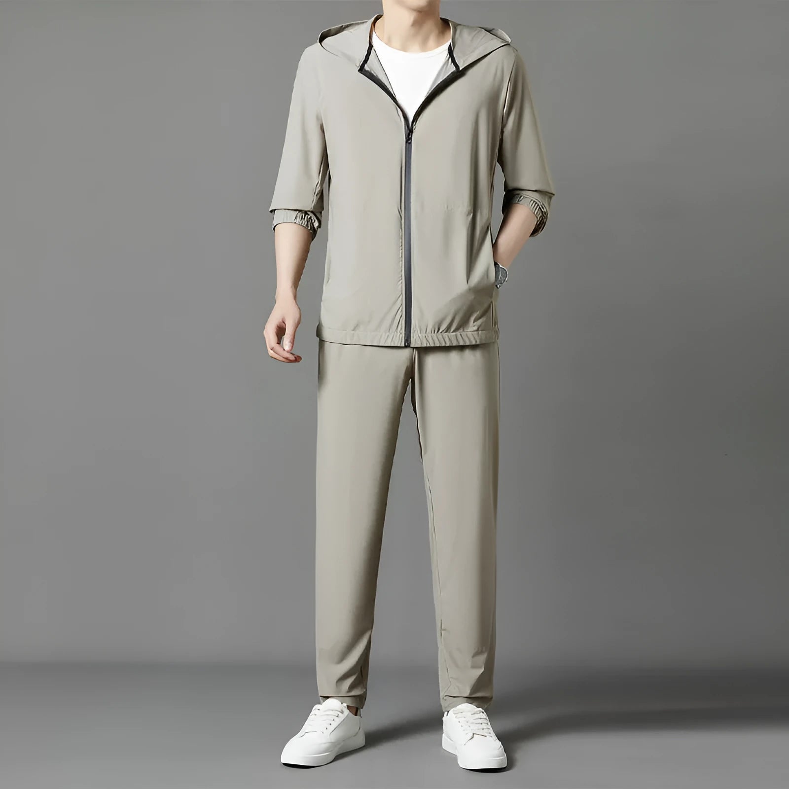 Korean sun-protective hooded suit in blue, loose casual style for youth, with top stitching slit pockets