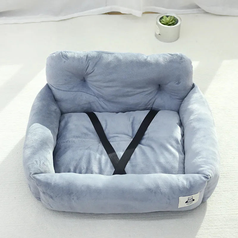 Blue plaid and grey cloth dog car seat nest shown in small and large sizes.