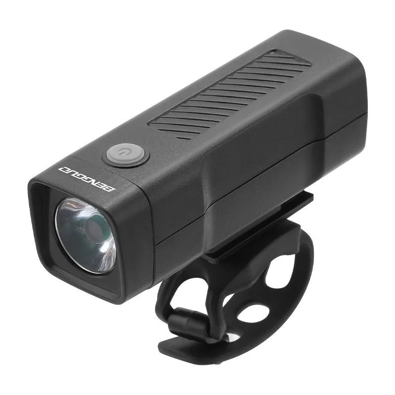 Black USB-rechargeable bicycle headlight mounted on bike handlebars with strap bracket.