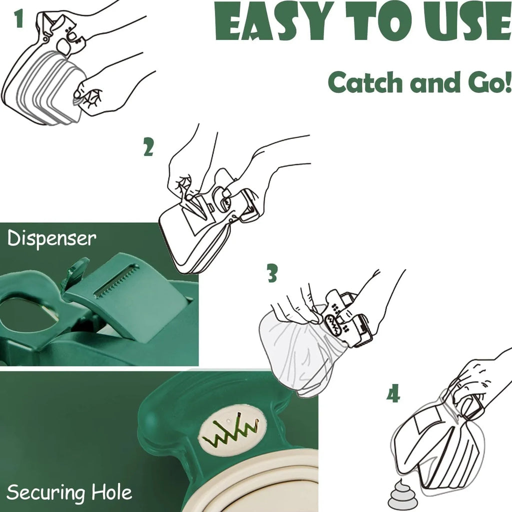 Blue portable dog pooper scooper with carabiner clip and integrated waste bag compartment.