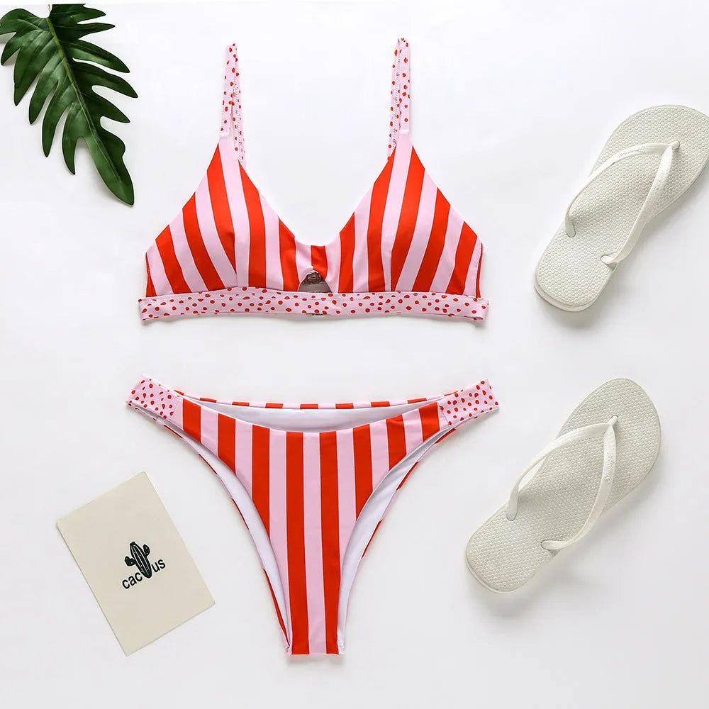 Women's black and white dot bikini and red and white stripe bikini set on a mannequin.