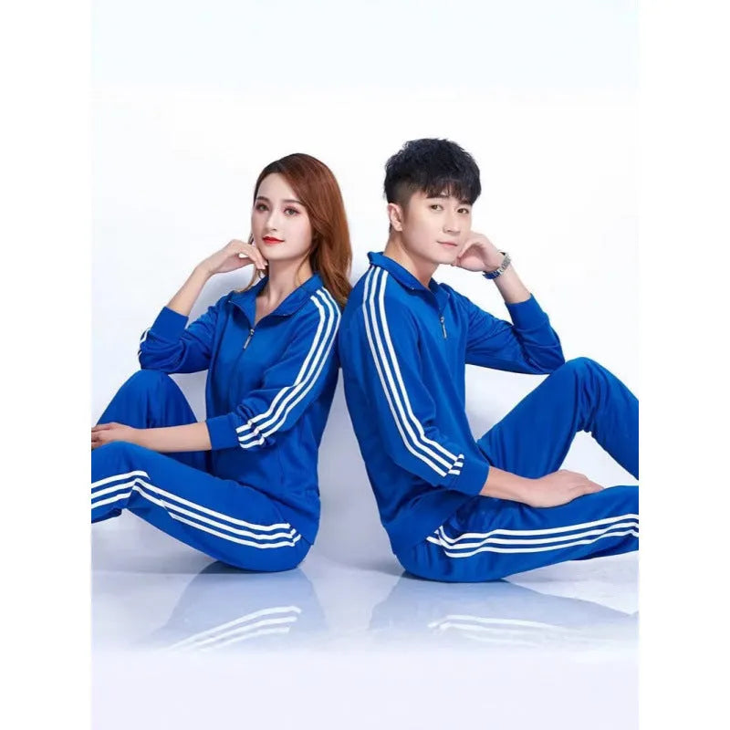Navy blue plus size men's cotton blend cardigan suit set with double layer belt and ankle tied trousers