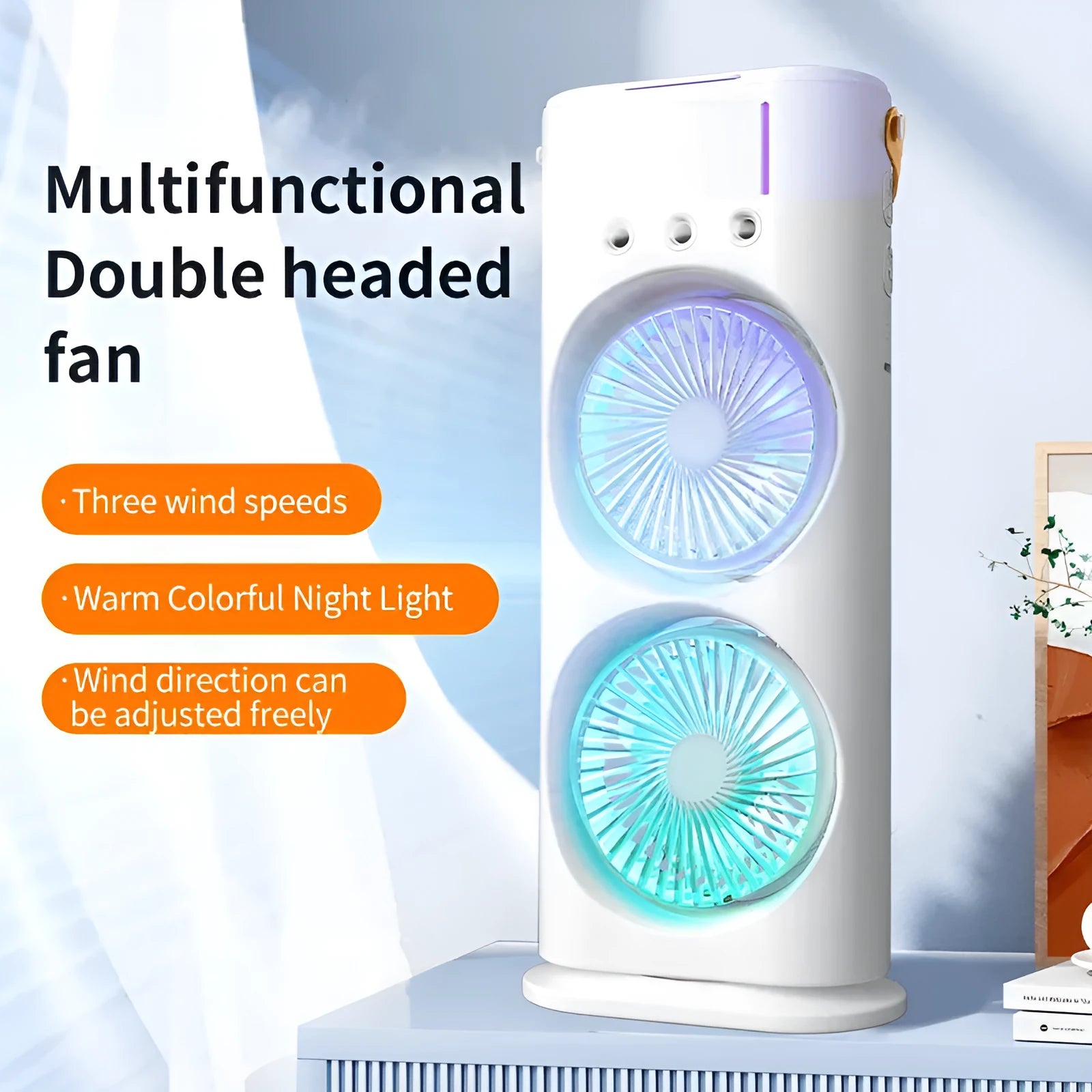 White double-ended spray fan with humidifying mist and remote control on a desk