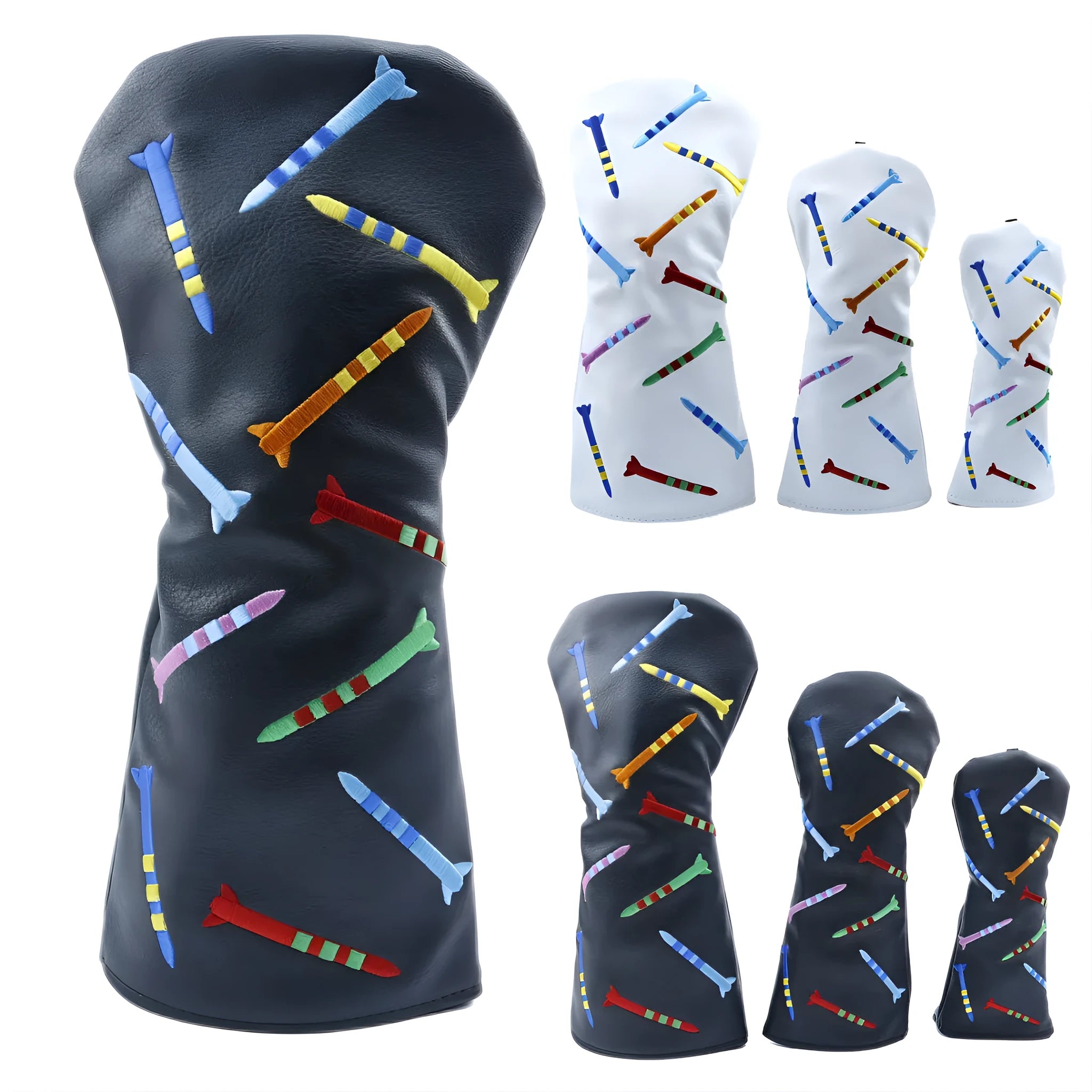 Golf club wooden pole sets in black and white colours showing large, medium and small size options