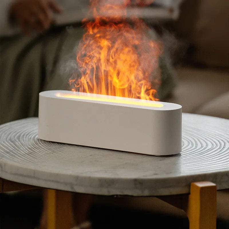 Flame aroma diffuser ultrasonic cool mist humidifier with 7 colour LED and realistic fire effect, square plastic design