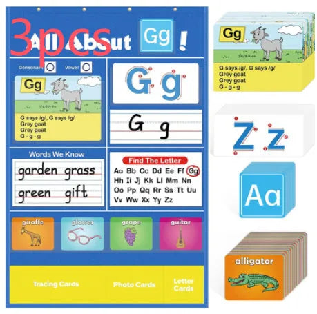 Alphabet learning chart with cards displayed on 60x40cm surface showing words letters pictures