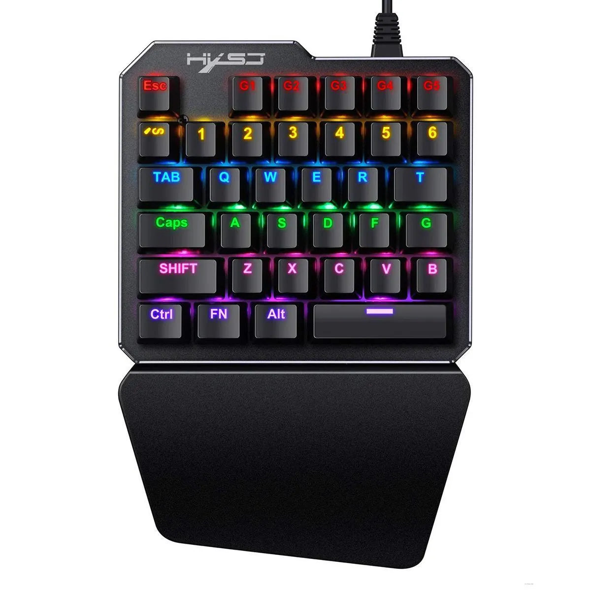 Mini one-handed mechanical gaming keyboard with 35 keys, seven-color backlight, and hand rest on desk