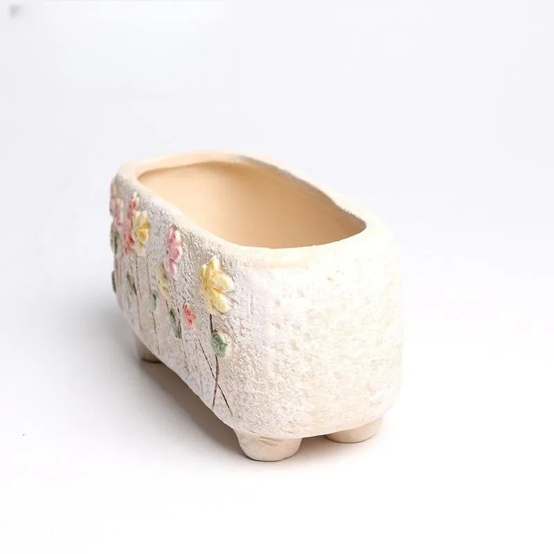 Rectangular hand-painted ceramic flower pot for succulent bonsai, 13.7x6.2x6.5cm