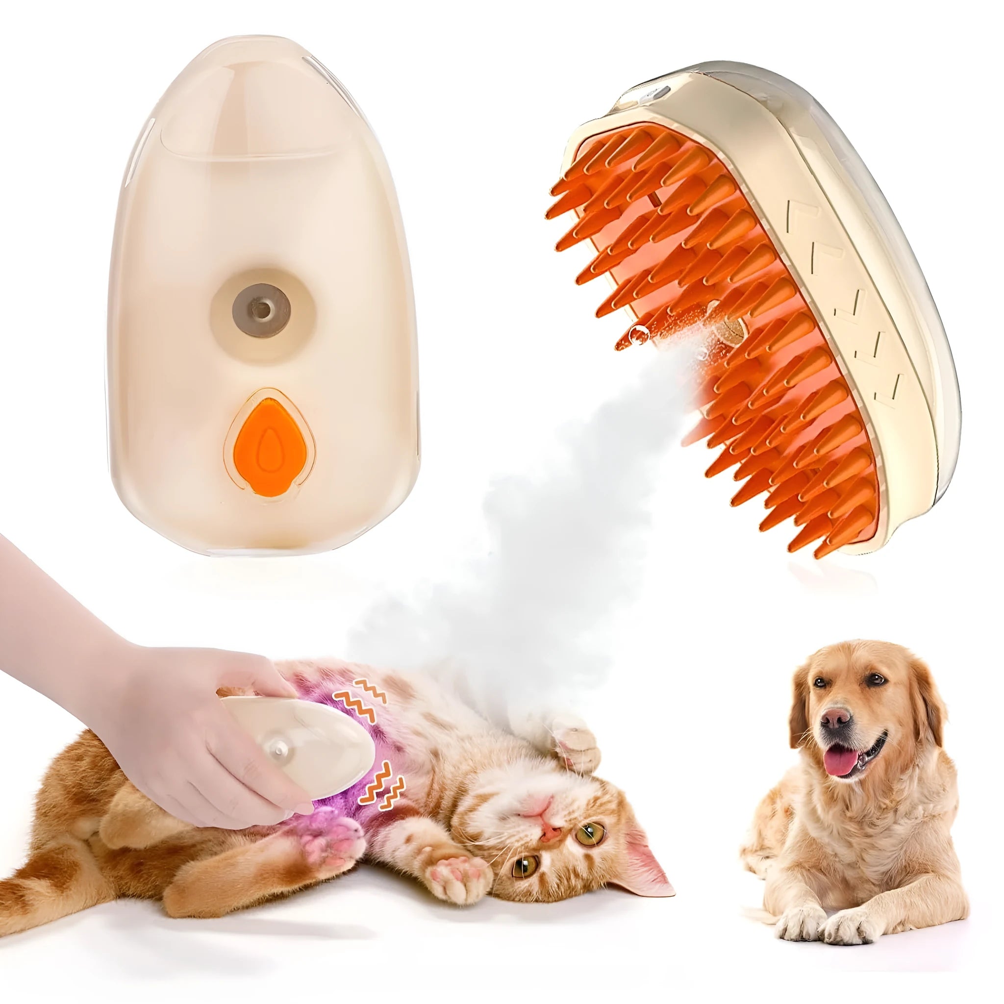 Yellow 4-in-1 cat steam grooming brush with silicone bristles, water tank, and ringworm detector lamp