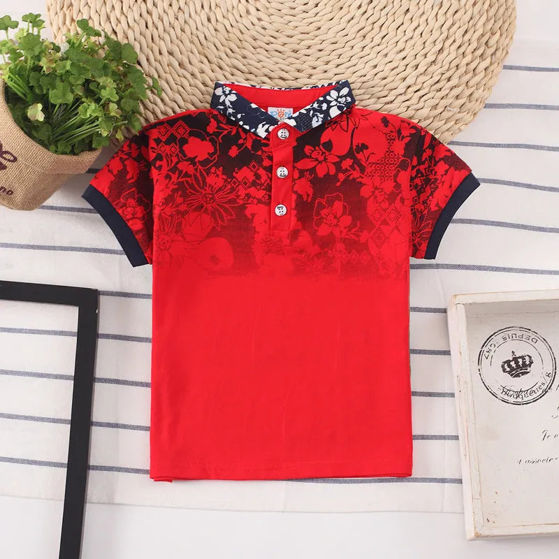 Boys short sleeve cotton t-shirt with lapel collar in solid colours red, grey, navy, or white.