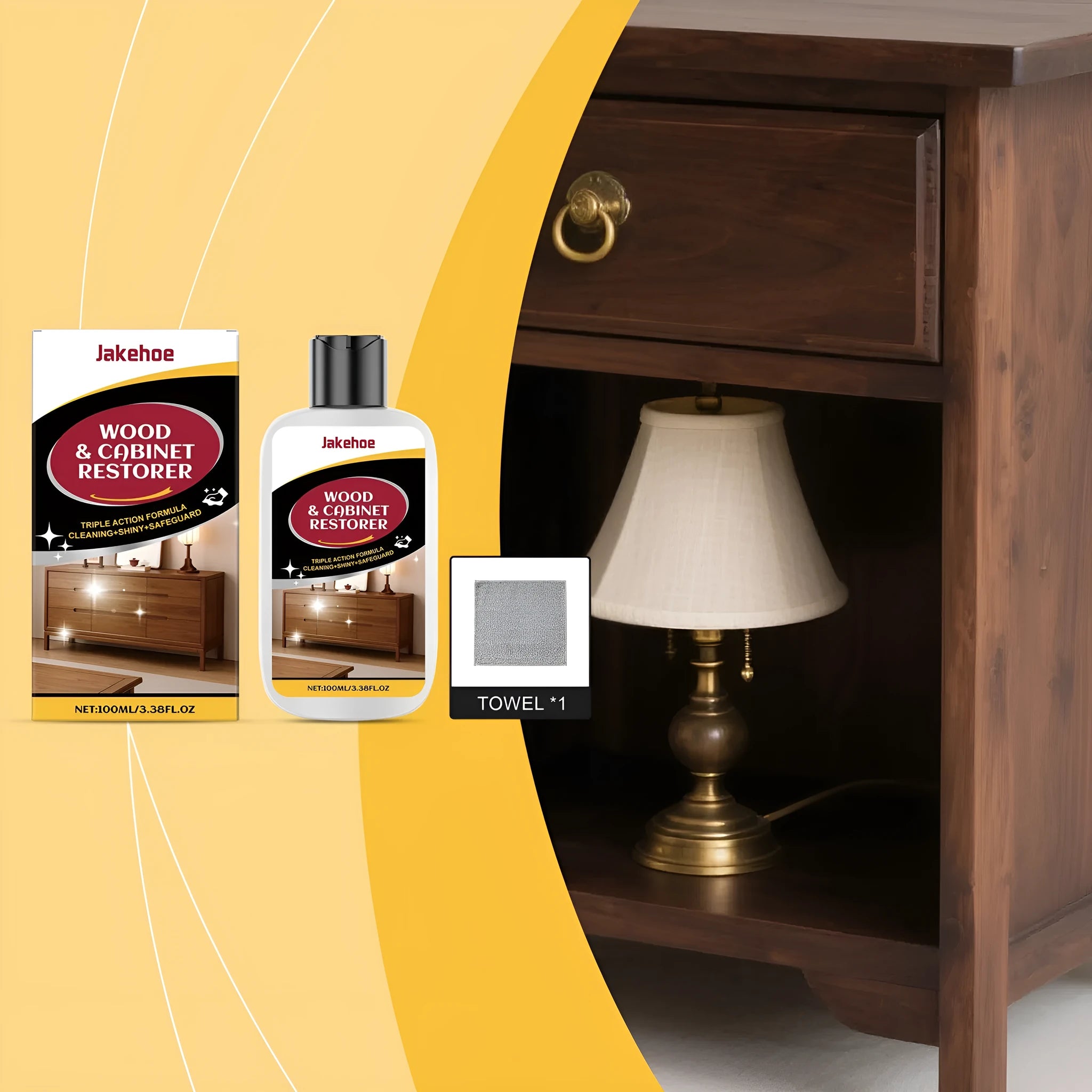 Wood furniture scratch care agent kit showing 100ml bottle and microfiber cloth for wooden surface maintenance