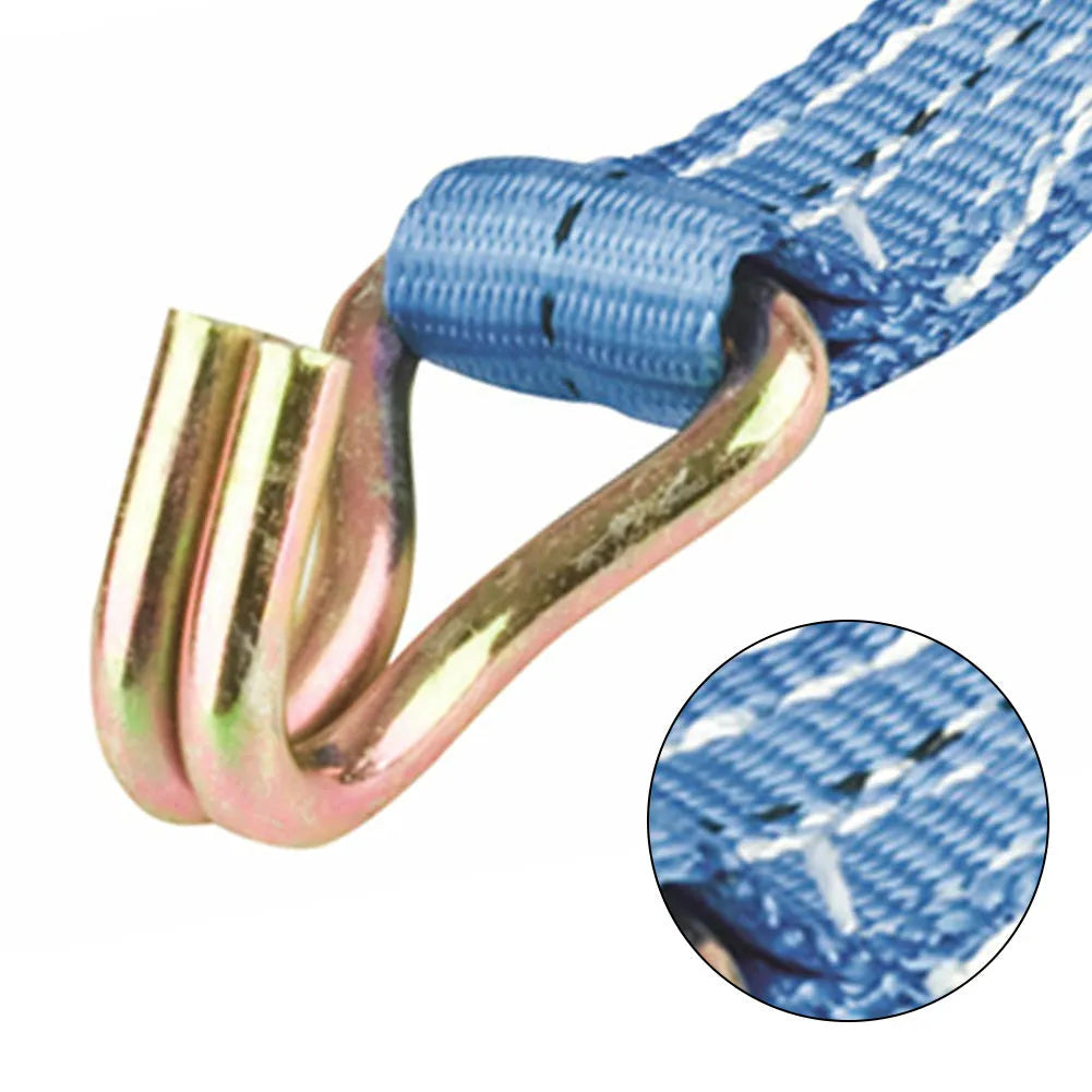 Heavy-duty ratchet tensioner fastening strap with steel buckle and double hooks on polyester webbing.