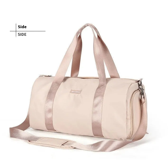 Beige nylon sports bag with contrast colour letter pattern on a white background