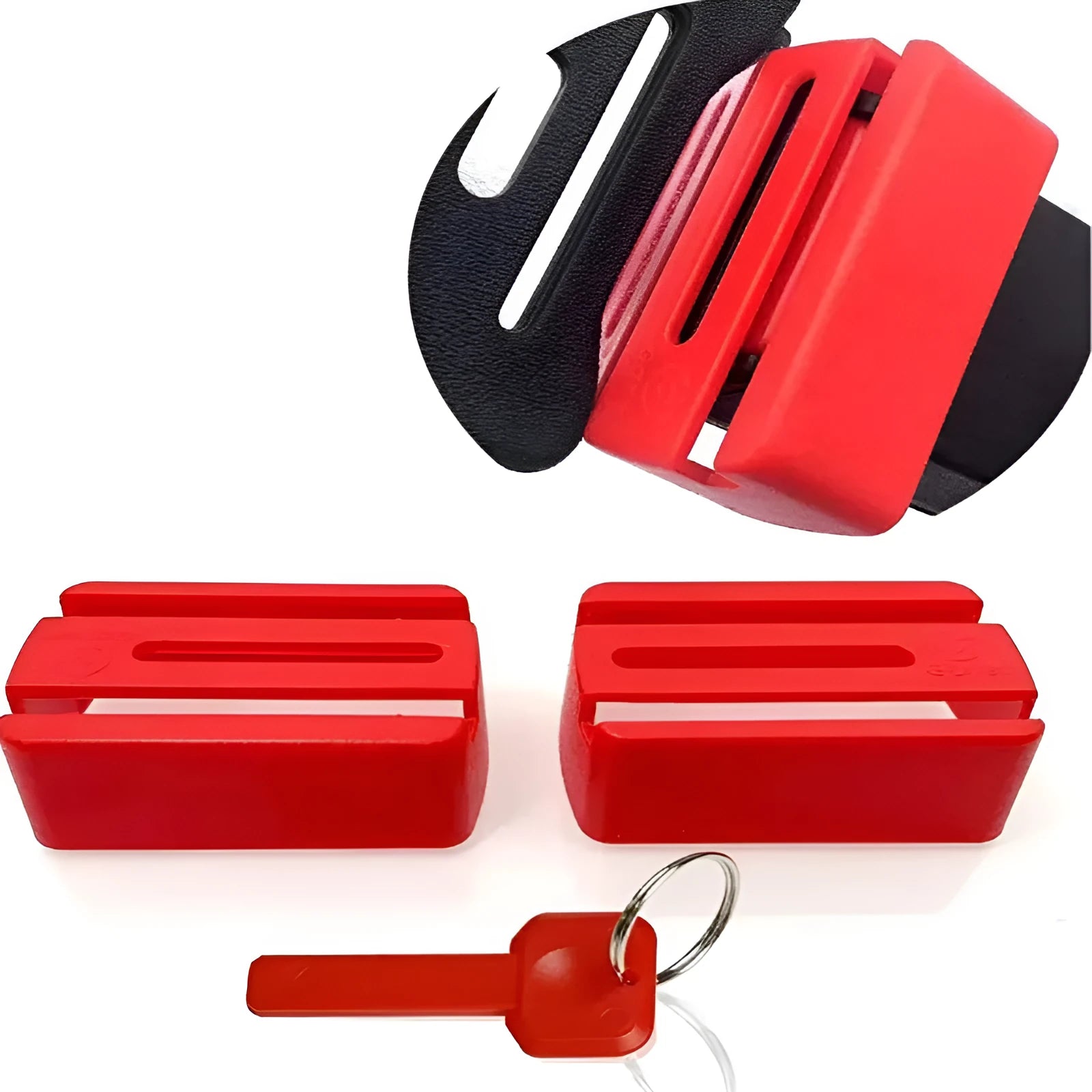 Black plastic ABS seat belt lock catch clamped onto a car seat belt buckle, side view