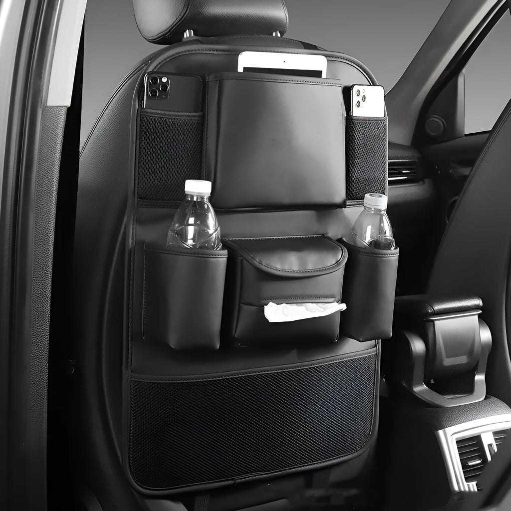 Genuine leather car seat back storage bag shown hanging on a car seat in one of four colours: black, grey, green or brown.